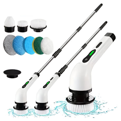 Cleaning tool with various brush heads and attachments on a white background