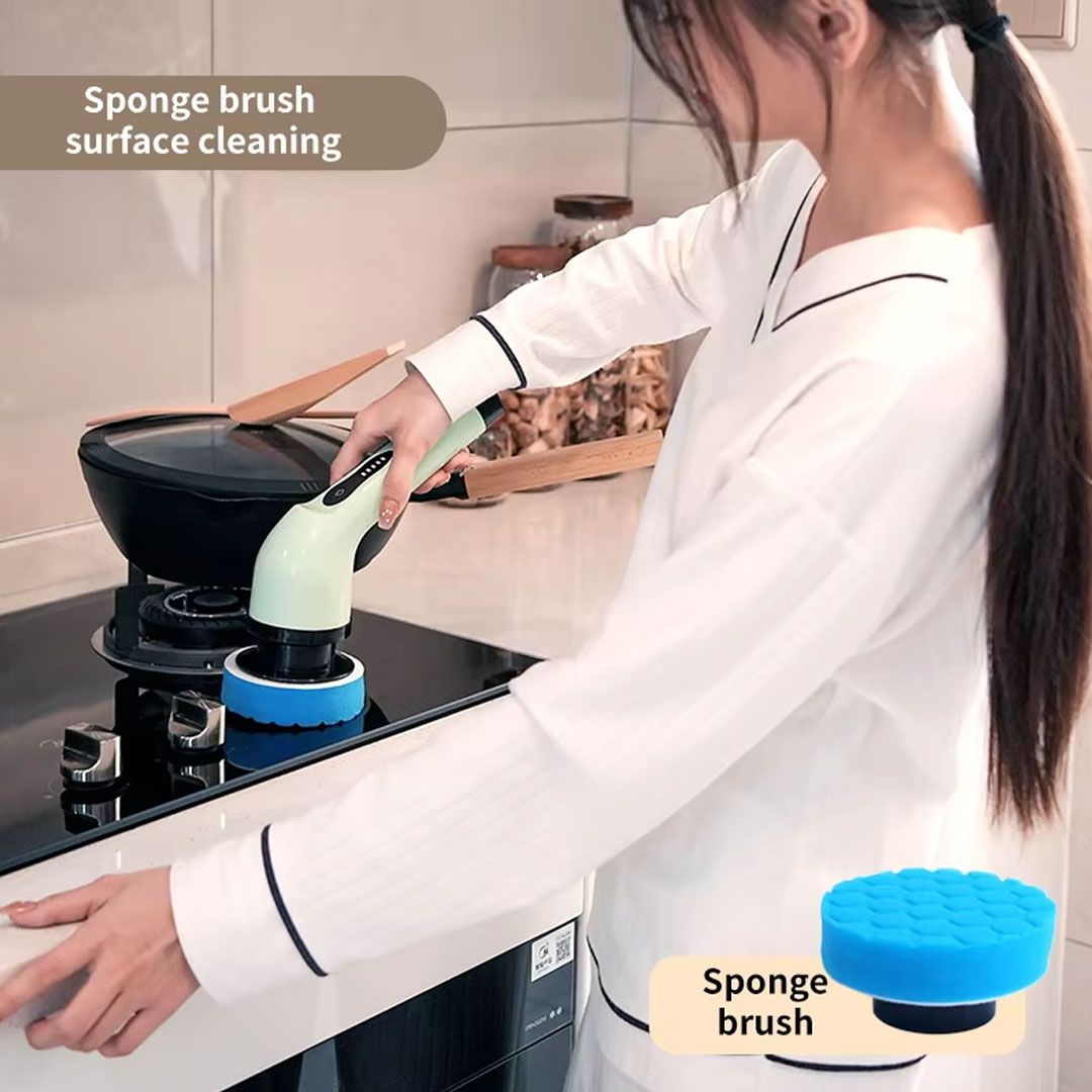 Person cleaning a stove top with a sponge brush, with a close-up of the brush shown below.
