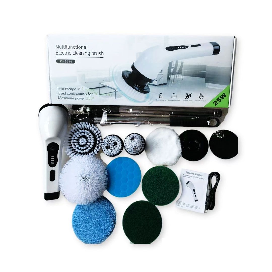 Multifunctional electric cleaning brush set with various attachments on a white background