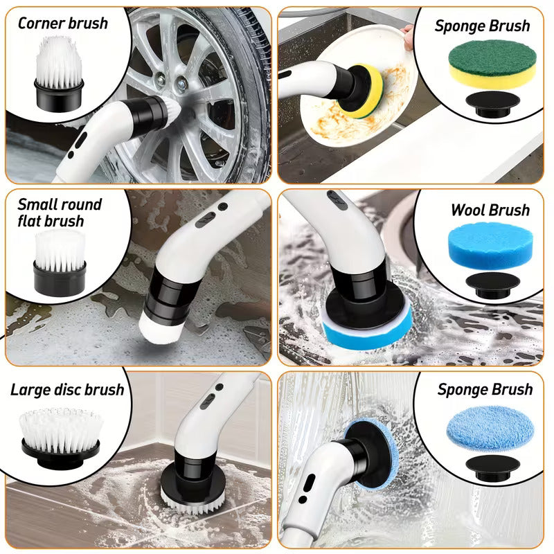 Collage of a cleaning tool with various brush heads used for different cleaning tasks.