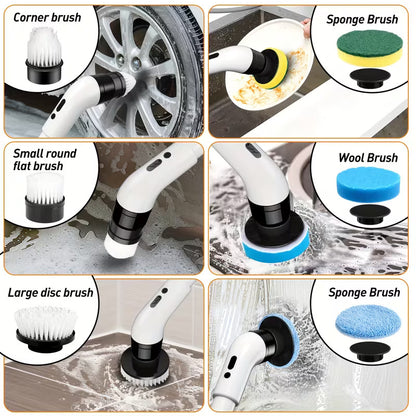 Collage of a cleaning tool with various brush heads used for different cleaning tasks.
