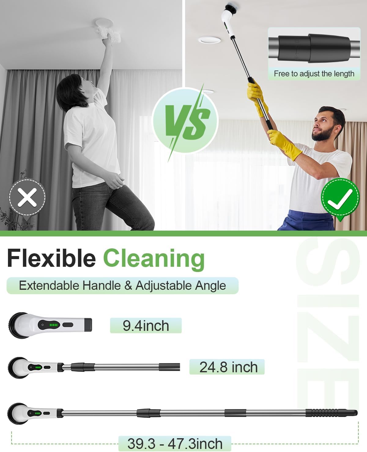 Flexible cleaning tool with extendable handle and adjustable angle, showing before and after usage.