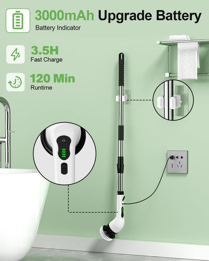 Cleaning device with battery information on a green background