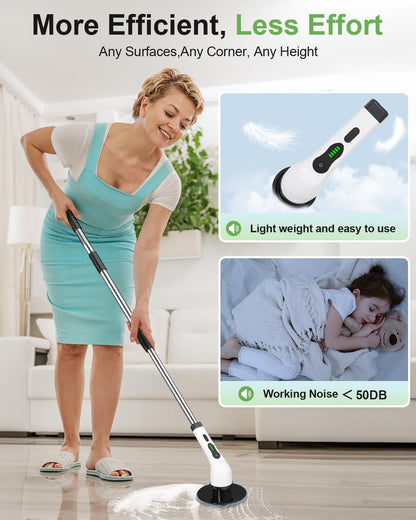 Woman using a cleaning device with text highlighting efficiency and ease of use.
