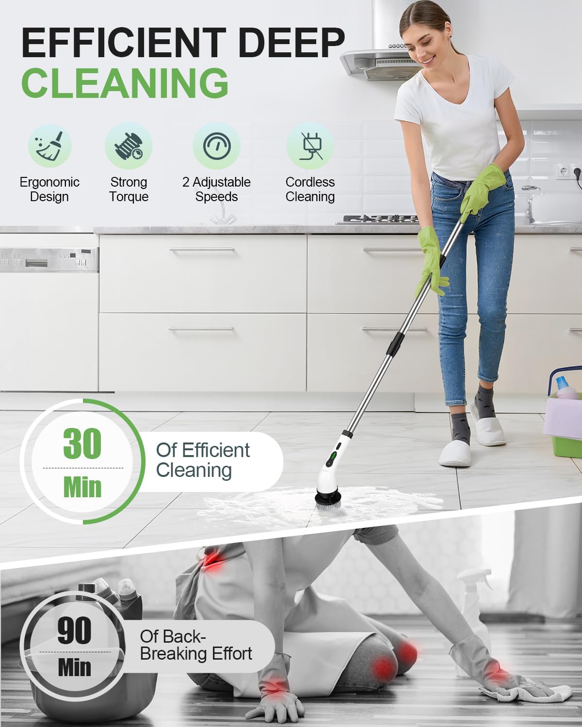 Person using a cleaning tool with text highlighting features and efficiency on a kitchen floor.