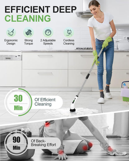 Person using a cleaning tool with text highlighting features and efficiency on a kitchen floor.