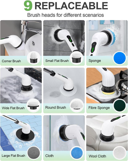 Collage of a cleaning tool with various replaceable brush heads for different scenarios.