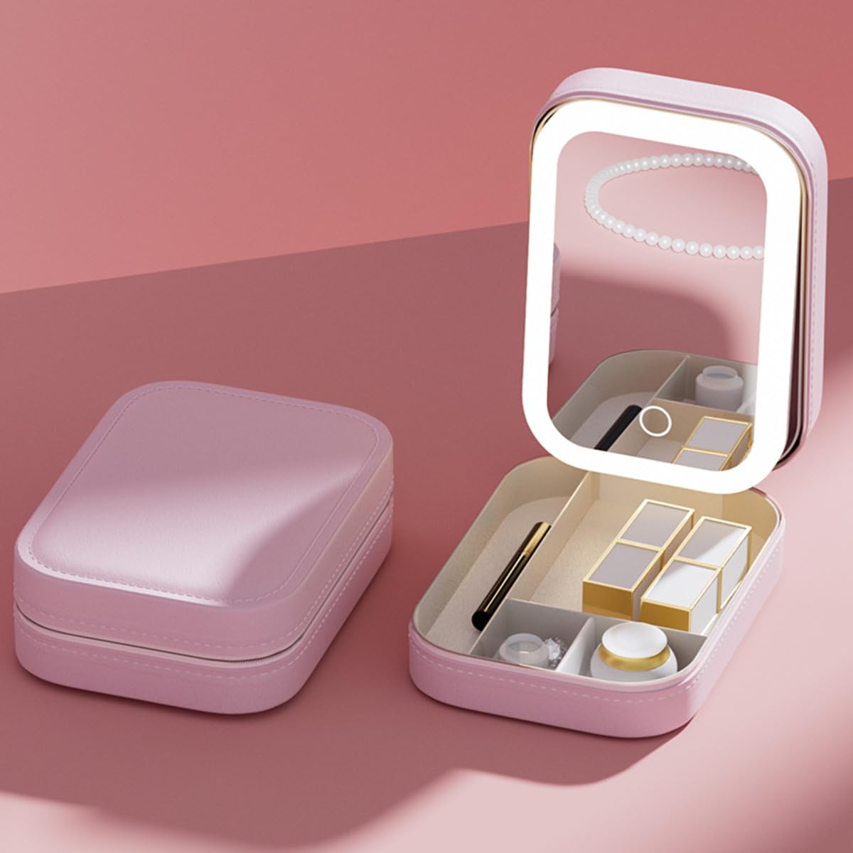 Portable Makeup Storage Box With LED Mirror