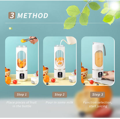 Step-by-step guide on using a portable blender with images of fruits and milk.
