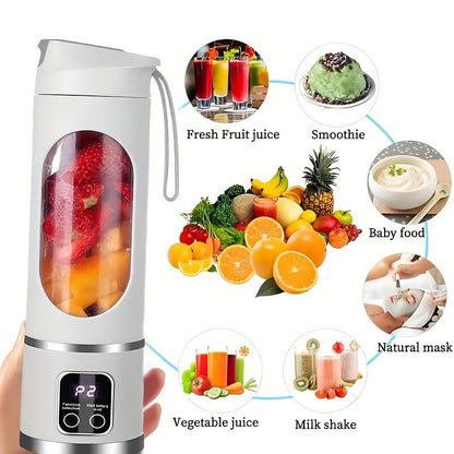 Portable blender with images of various drinks and foods it can make.