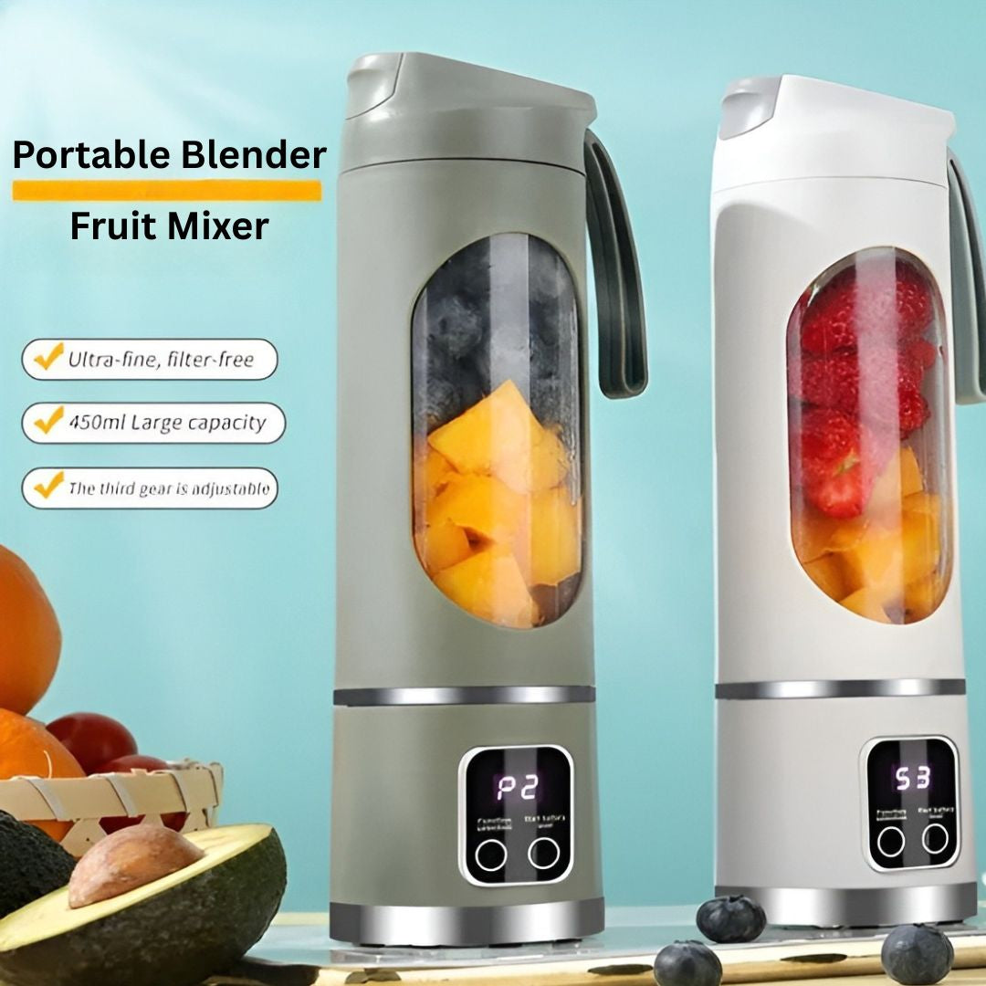 Portable blender fruit mixer with fruits inside on a light blue background
