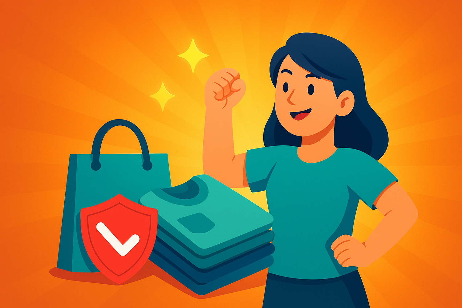 Illustration of a woman with shopping bags and a shield icon on an orange background
